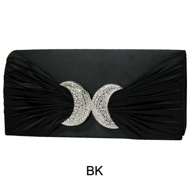 Evening Bag - Satin Pleated W/ Rhinestone Accent Charm - Black - BG-EBS1156BK